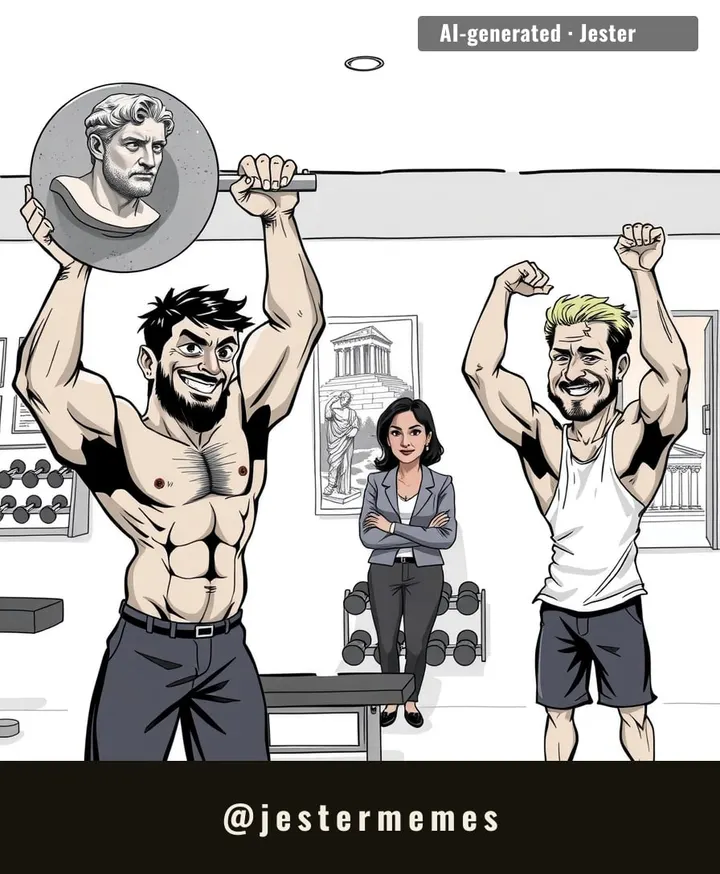 Somewhere, a Greek god is watching this and wondering why his abs are suddenly trending on a dumbbell.