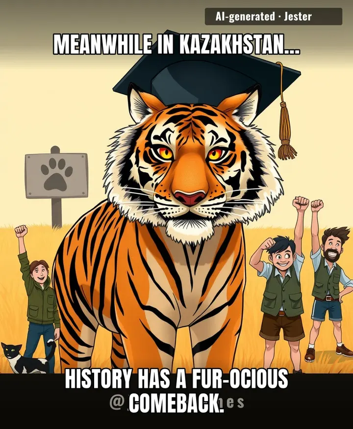 Seventy years late, but the tiger's finally back in the Kazakh office—HR must have been really slow.