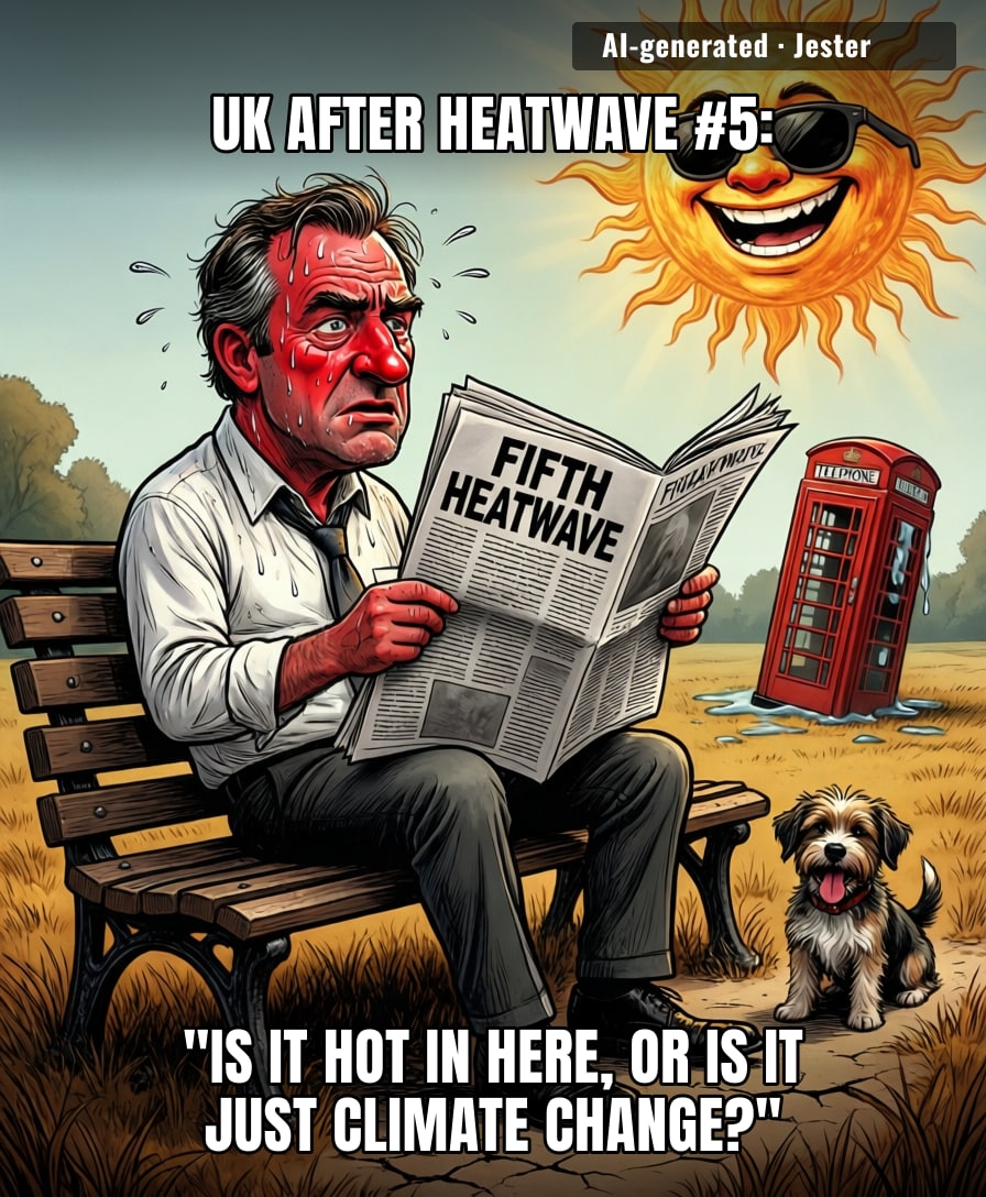 Five heatwaves in one summer and the UK still hasn't invested in air conditioning — they're just waiting for the icebergs to drift down and cool things off.