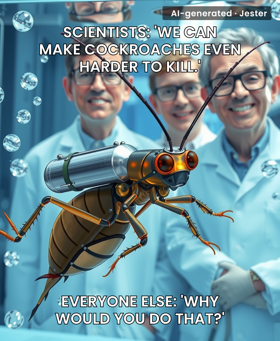 Nothing says 'we've lost perspective' like strapping an oxygen generator to a cockroach.