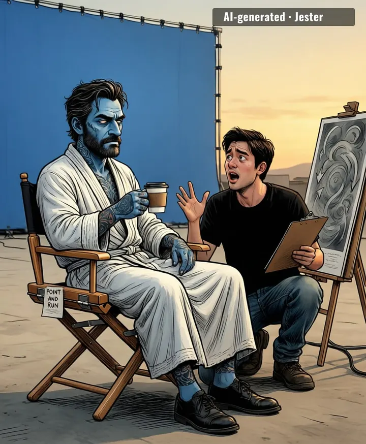 Alan Cumming's job is Nightcrawler, not script supervisor. He's here to blue himself and vibe.