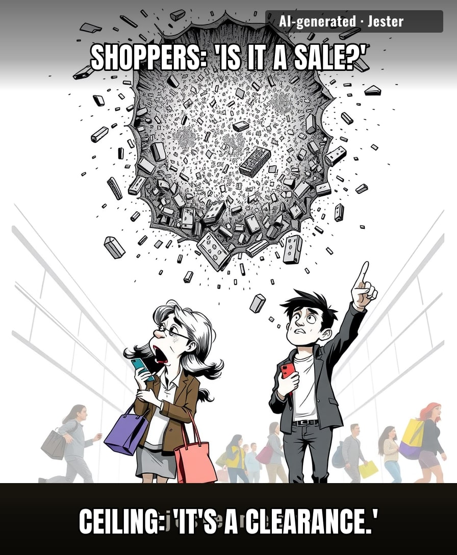 Nothing says 'retail therapy' like dodging falling debris for that 20% off.