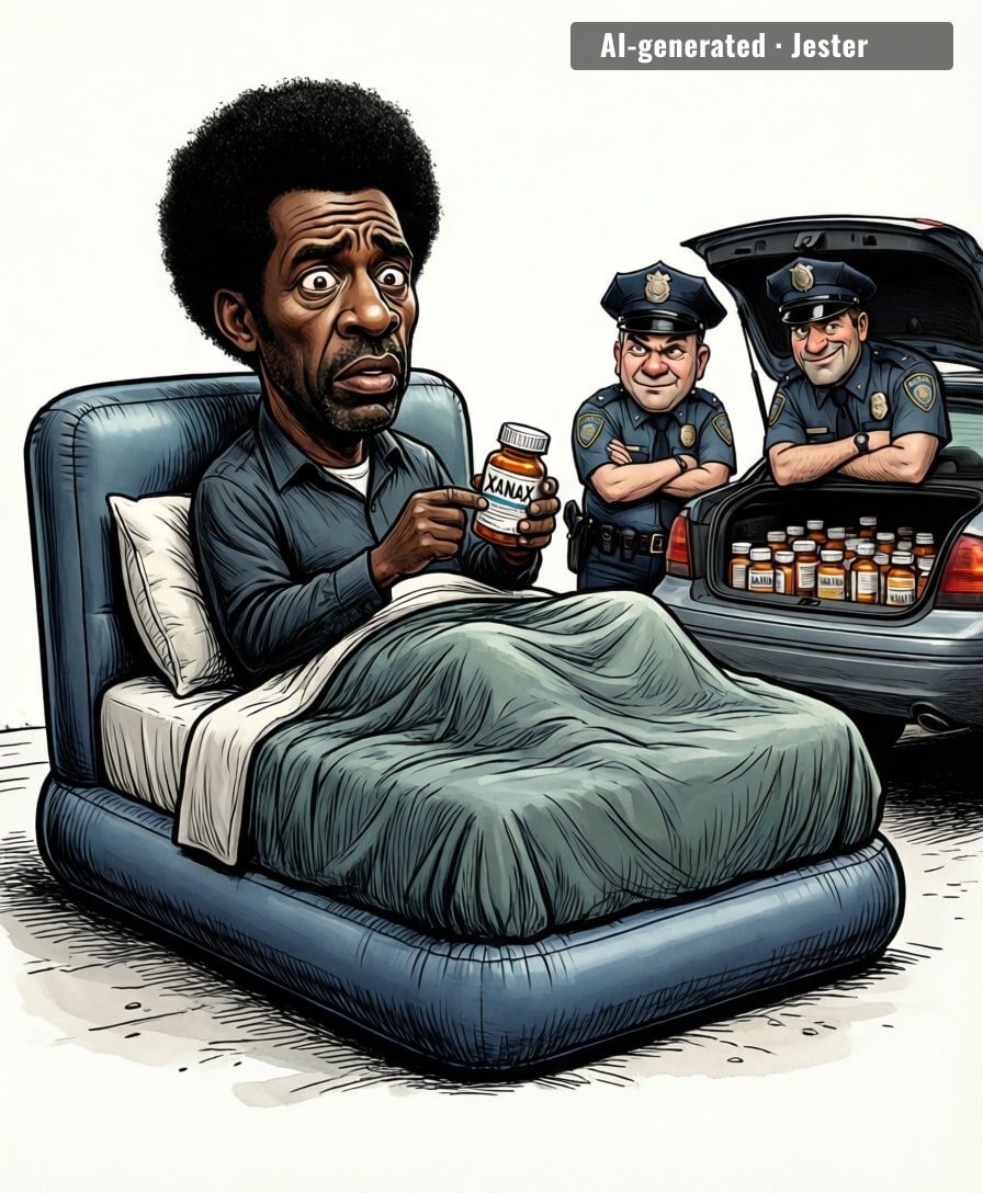 Dude's so stressed about inflatable beds he got a pill, but the real inflatable charges came from the trunk.