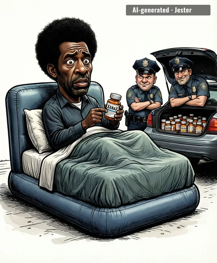 Dude's so stressed about inflatable beds he got a pill, but the real inflatable charges came from the trunk.