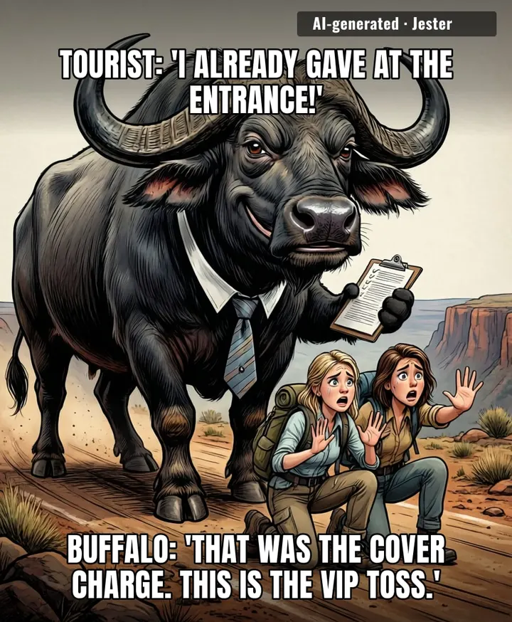 The buffalo did the math: two tourists, one charge, zero tip. This is why the service industry is dying.