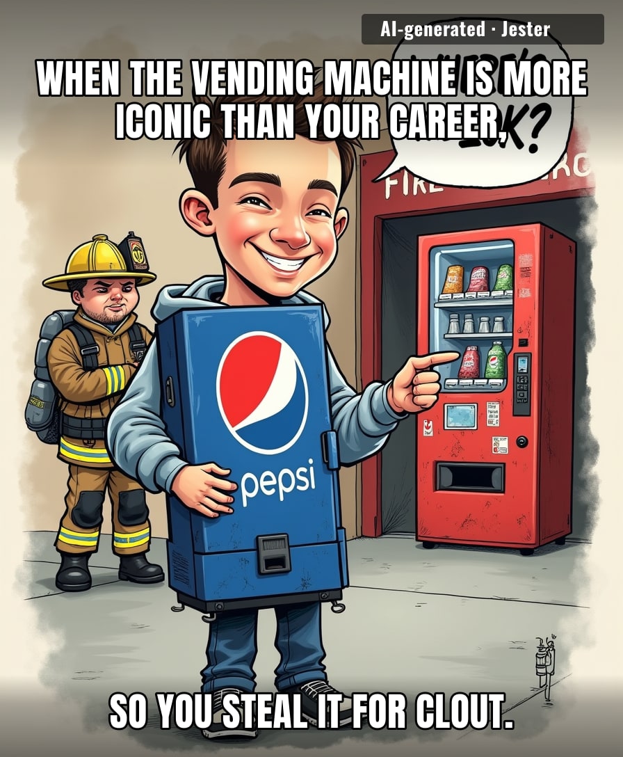 Stealing a broken Pepsi machine to demand an audit — the most passive-aggressive Jedi move since Obi-Wan ghosted Maul.