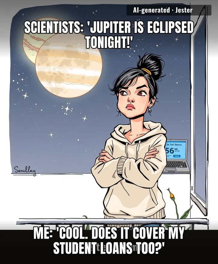 Jupiter's eclipse lasted 2 hours. My existential dread has a permanent orbit.