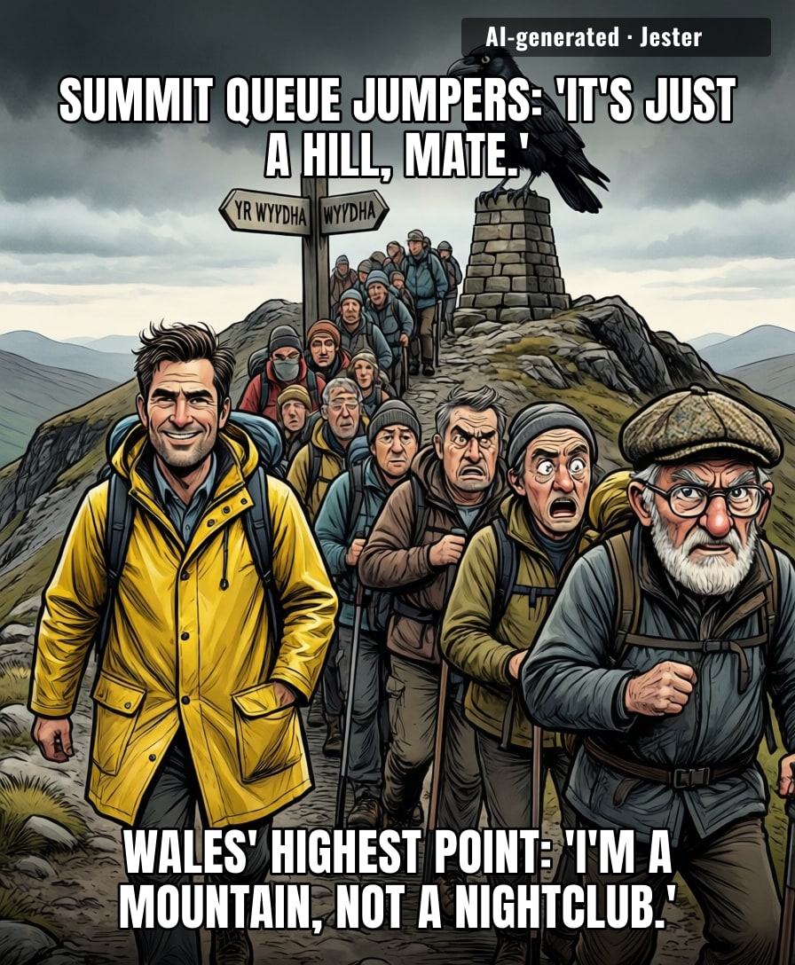Nothing says 'conquering nature' like queue-jumping past a pensioner in a cagoule.