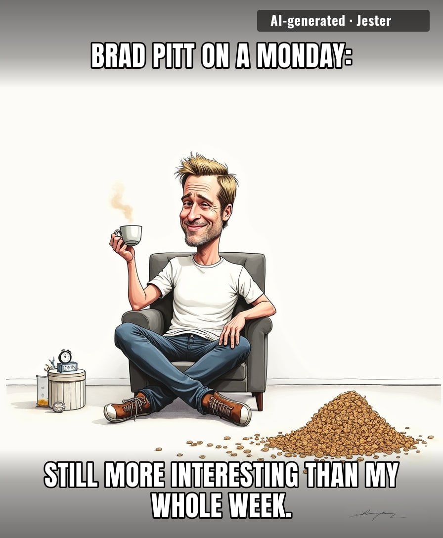 Brad Pitt's Monday includes existing, which is already more productive than my entire existence.