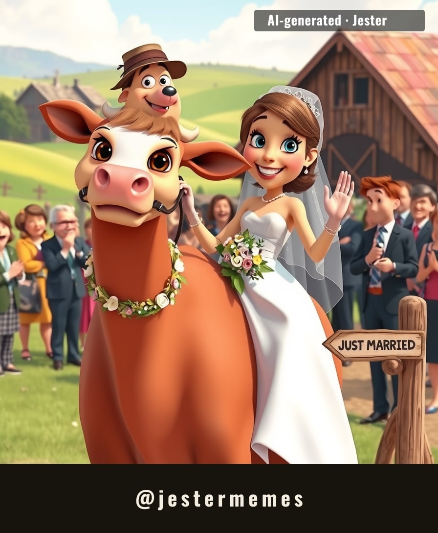 When the carriage is a cow and the aisle is a farm path, you know the marriage is built on solid ground.