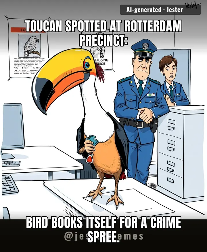Toucan better have a warrant for that beak — it's flying into a precinct like it owns the place.