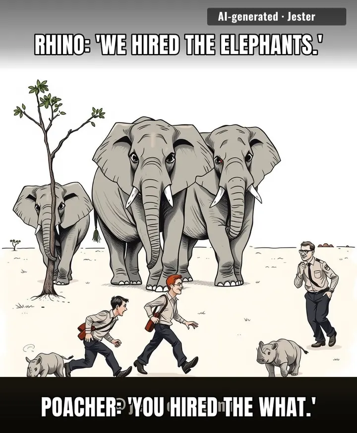 Poachers: 'We're targeting rhinos.' Elephants: 'Not on our watch.' *hides behind tree*