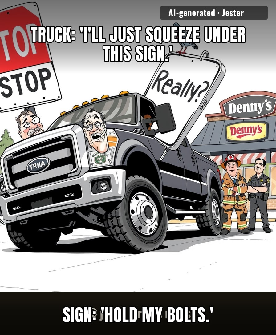 The truck's GPS said 'turn left' and that sign clearly wasn't paying attention.