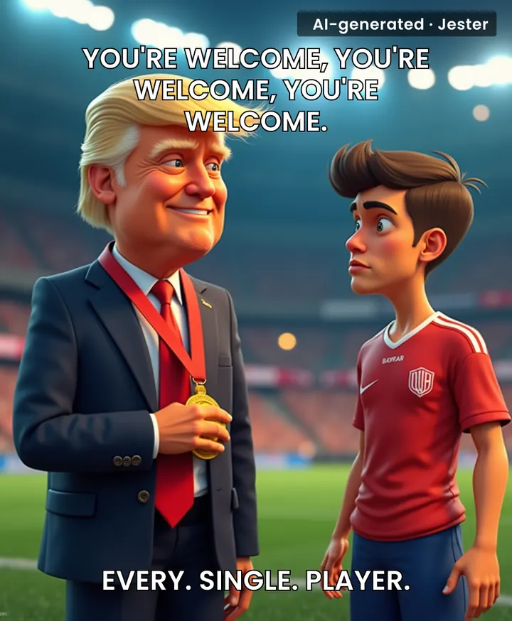 Trump treating the World Cup medal ceremony like a vending machine — same greeting, no change.