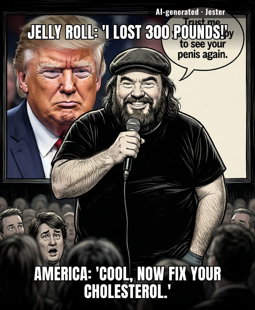 Jelly Roll's weight loss is impressive, but let's see him drop that 300-pound ego of Trump's.