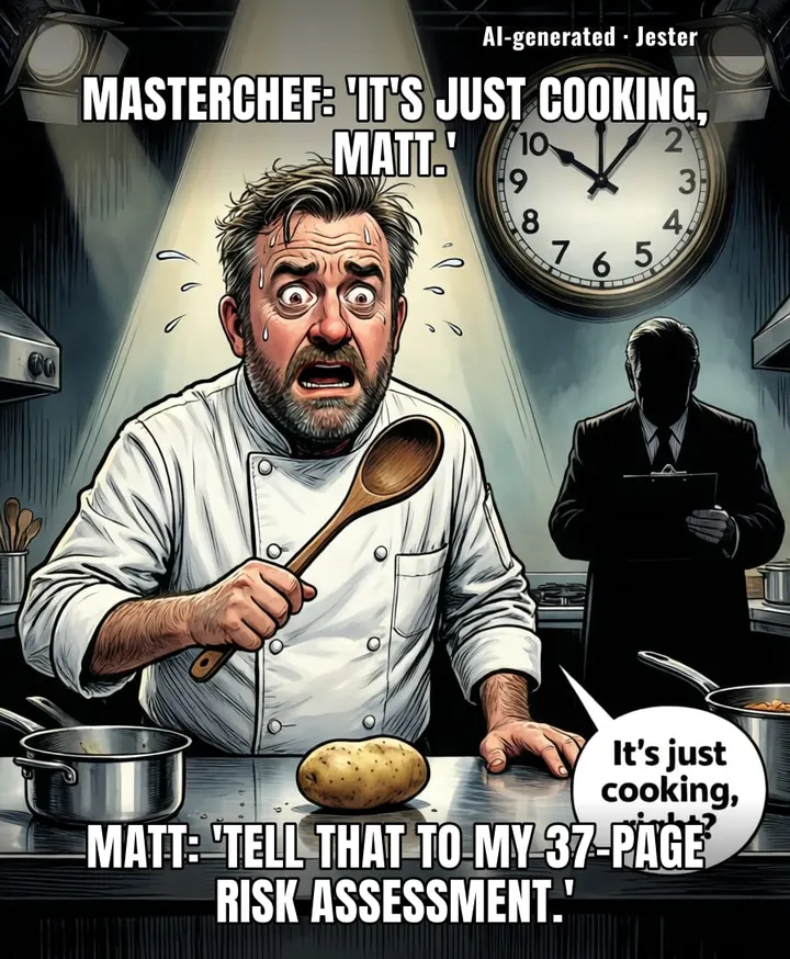 Matt Tebbutt found MasterChef nerve-racking, but let's be real — the only thing more terrifying is the BBC's health and safety briefing before he boils an egg.