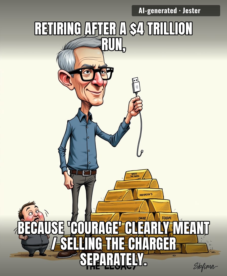 Tim Cook is finally leaving, and honestly, the most innovative thing he's done all decade is teaching us to pay $30 for the privilege of not having a wall plug.