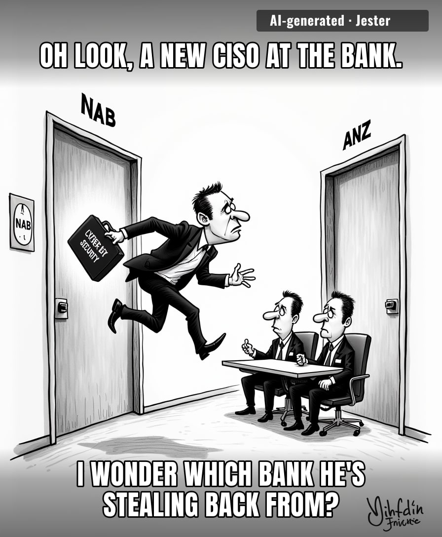 Banking cybersecurity is just three guys in suits playing musical chairs until they all retire on golden parachutes.