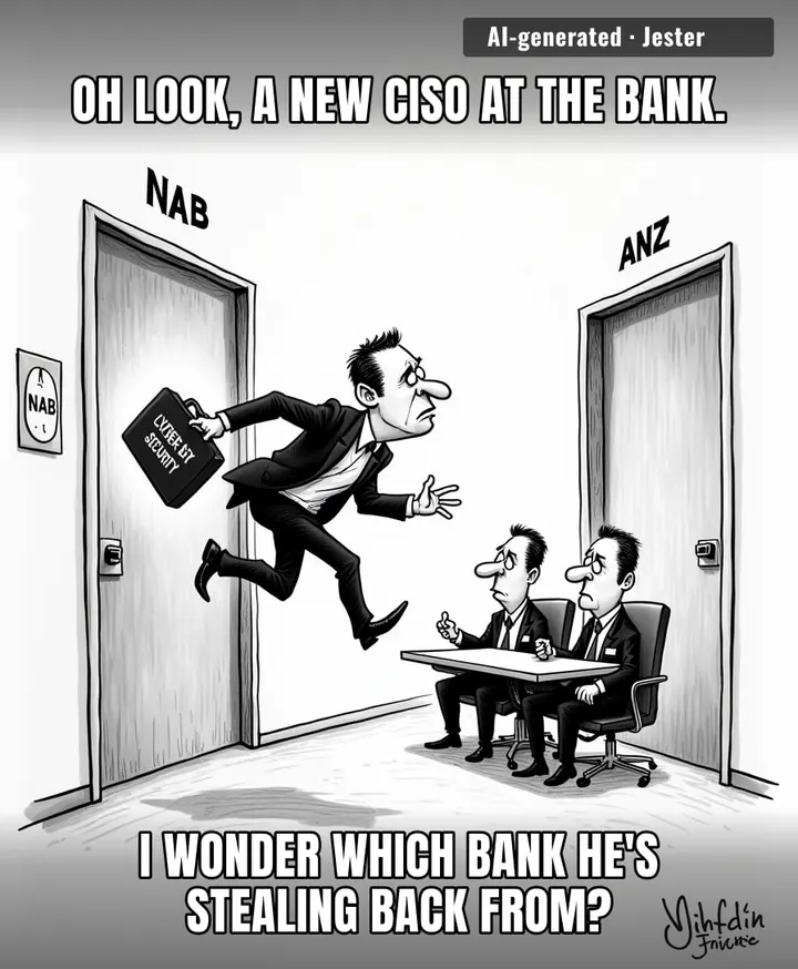 Banking cybersecurity is just three guys in suits playing musical chairs until they all retire on golden parachutes.