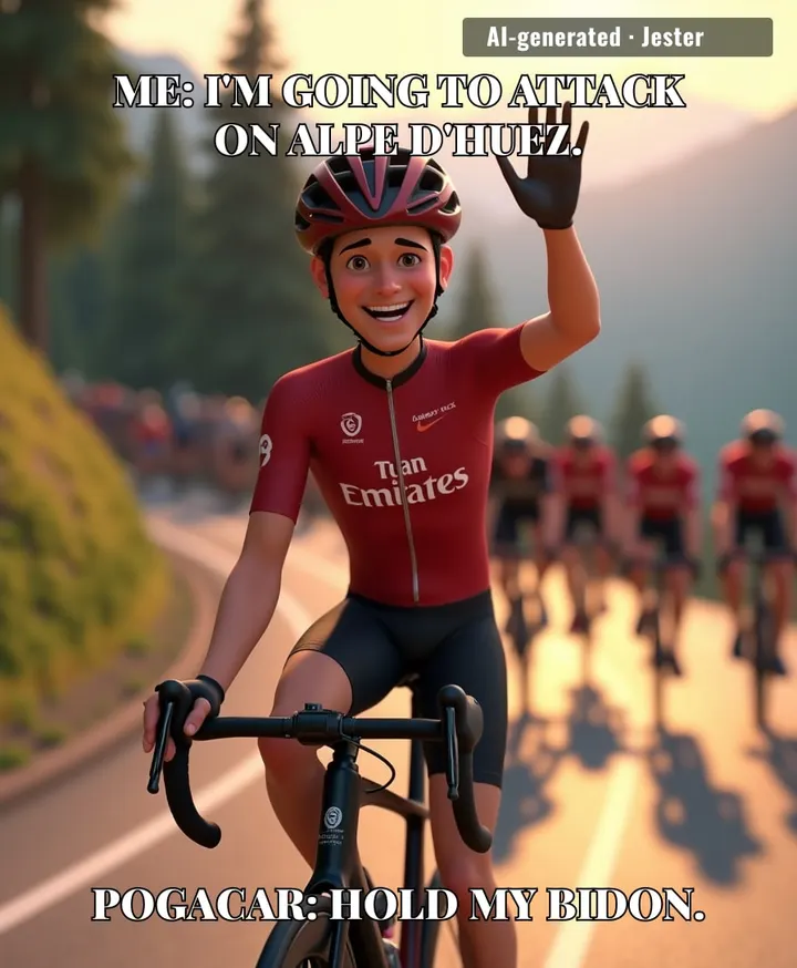 Pogacar on Alpe d'Huez: like me sprinting to a pizza — effortless and always first.