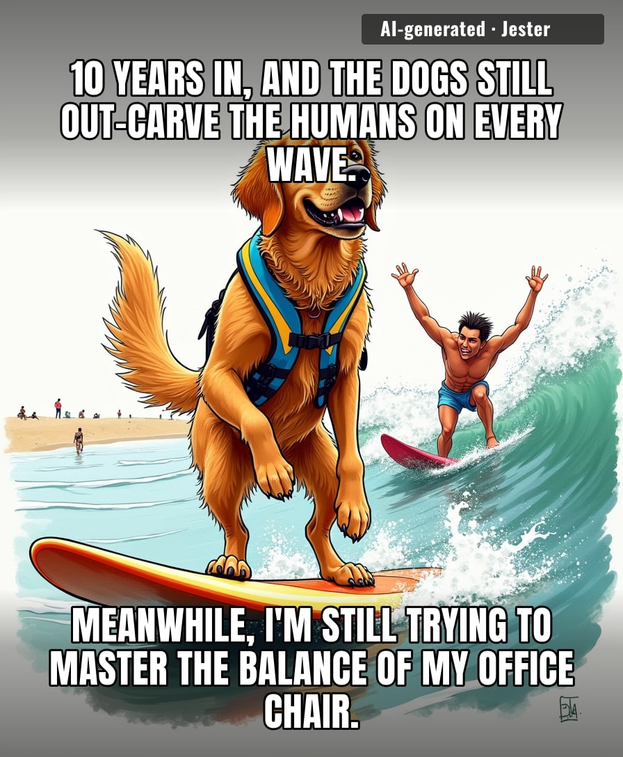 The dogs have been surfing for a decade and still haven't wiped out as much as my weekend plans.