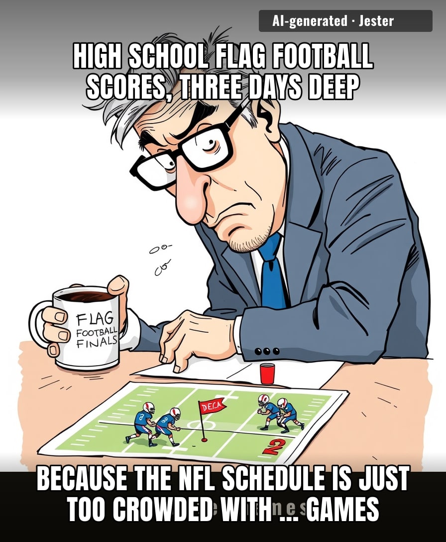 Somewhere a sports anchor is calling a flag football game with the intensity of a war correspondent, and honestly, that's the only reason to watch.
