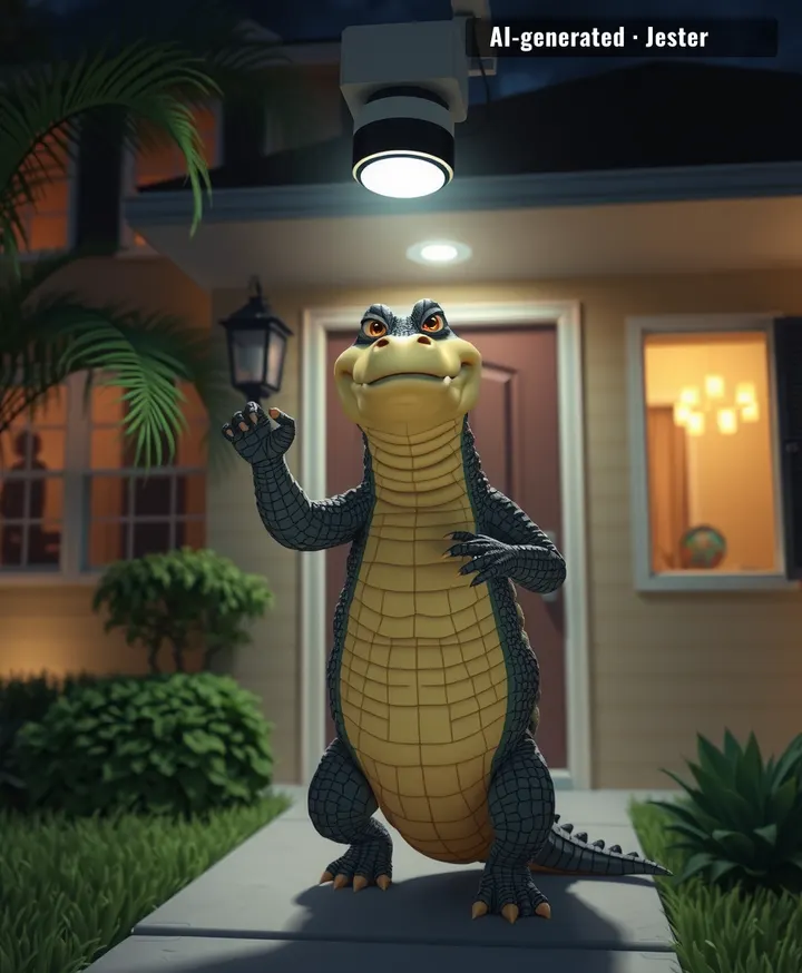 The only thing more Florida than an 8-foot gator at the door is the homeowner checking if it has a delivery package first.