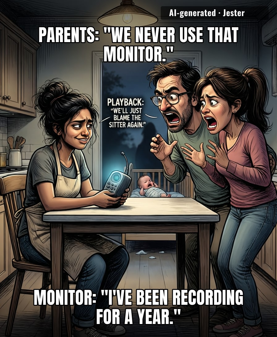 Nothing says 'we're great parents' like blaming the babysitter for a year while the baby monitor secretly builds an evidence file.