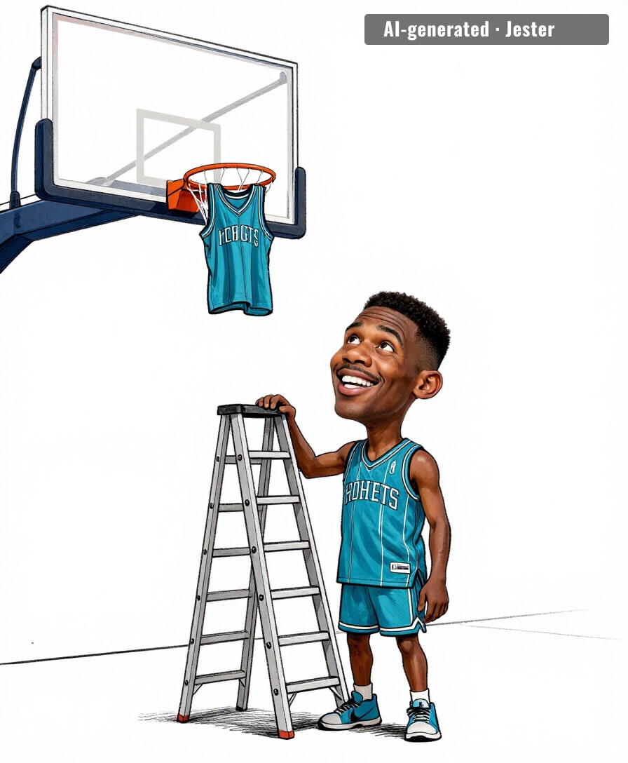 they're retiring his jersey — he's still trying to reach the rack