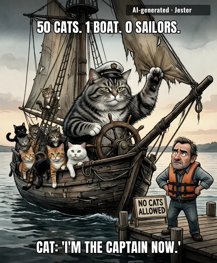 The only thing less seaworthy than a boat is the 50 cats who just claimed it as their sovereign territory.
