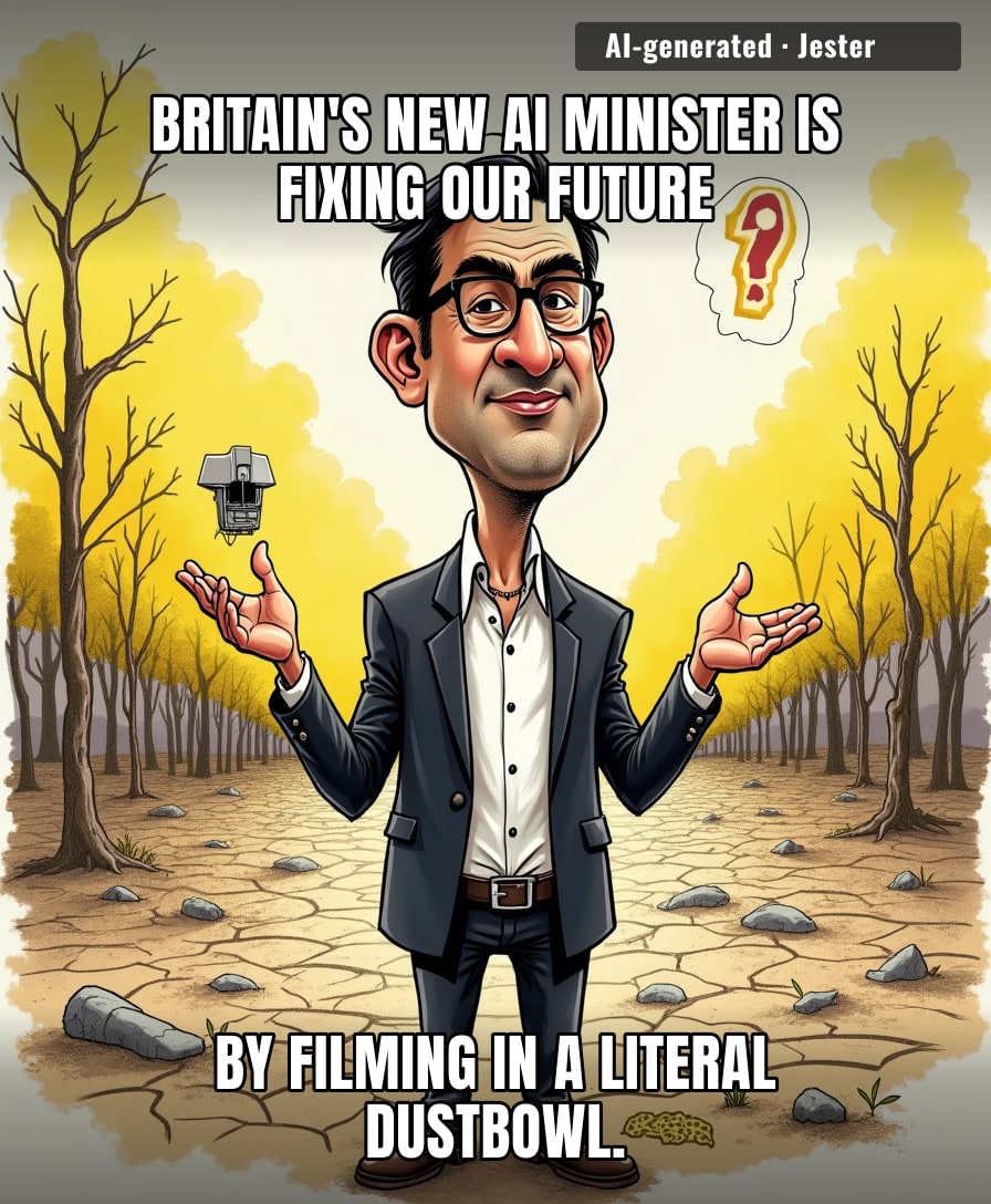 Nothing says 'the future is here' like promoting cutting-edge technology from the middle of a climate-change crime scene.