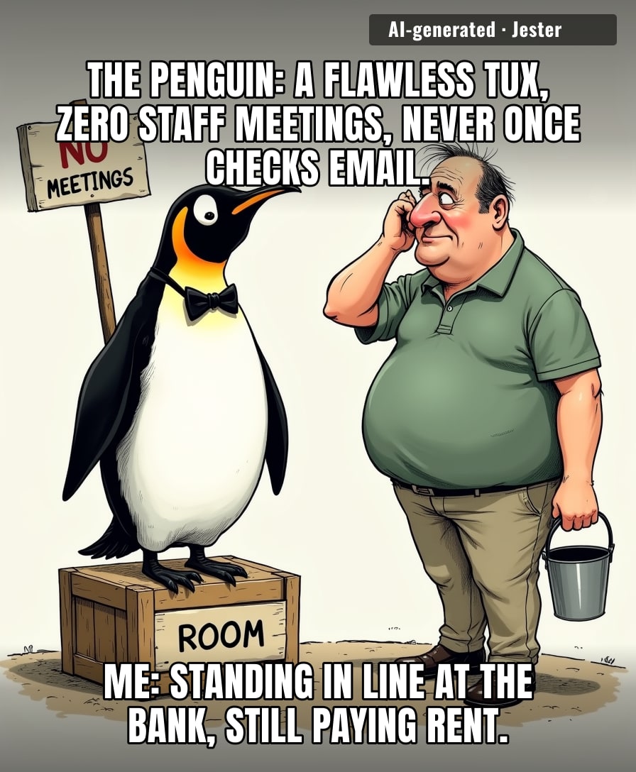 A penguin's whole career is standing around looking important, and somehow he still gets fed better than I do.