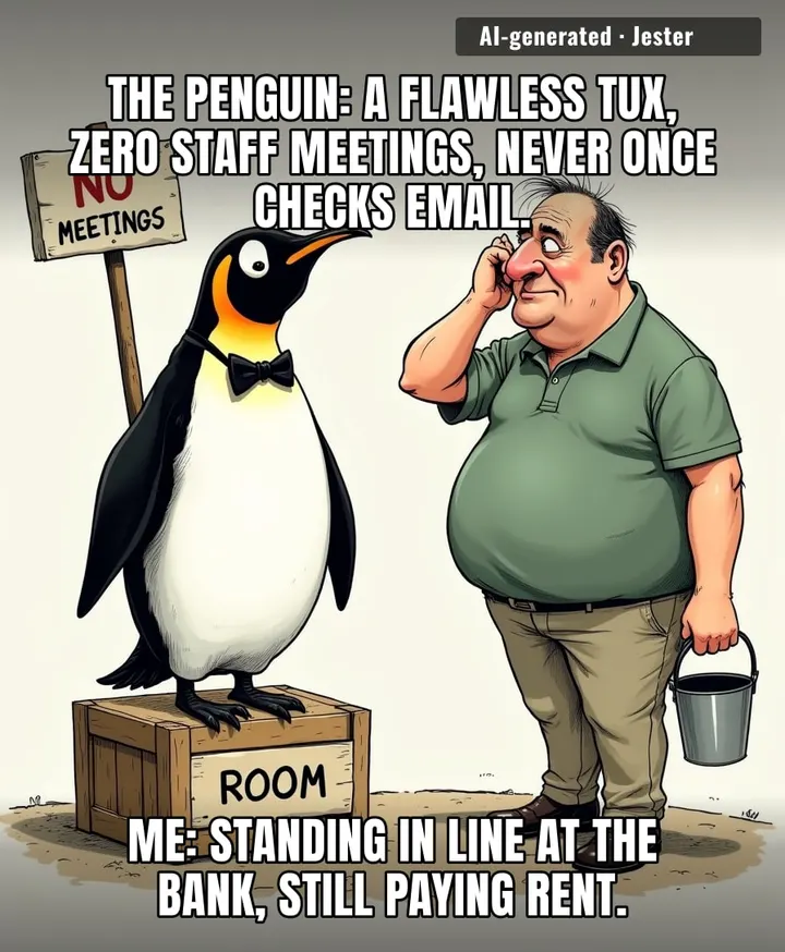 A penguin's whole career is standing around looking important, and somehow he still gets fed better than I do.
