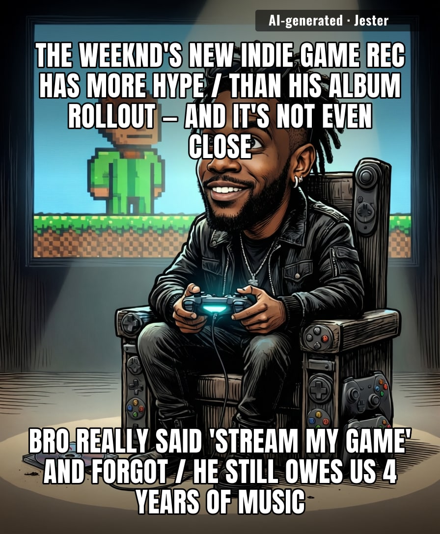 The Weeknd out here promoting indie games like he's a Nintendo Direct, while his album stays in the vault longer than the One Piece finale.
