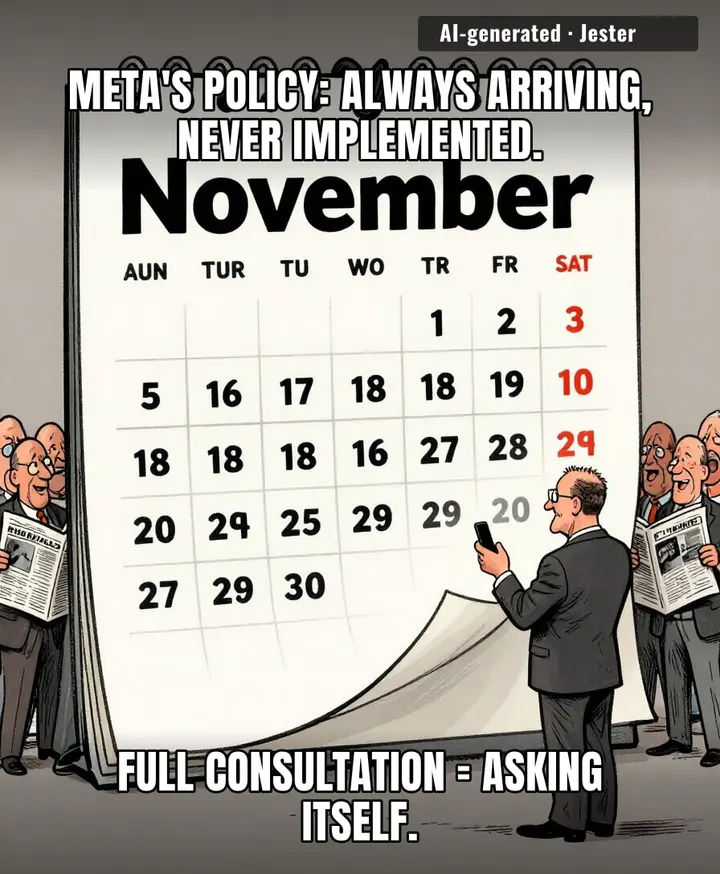 Meta's policy: always arriving, never implemented. Full consultation = asking itself.
