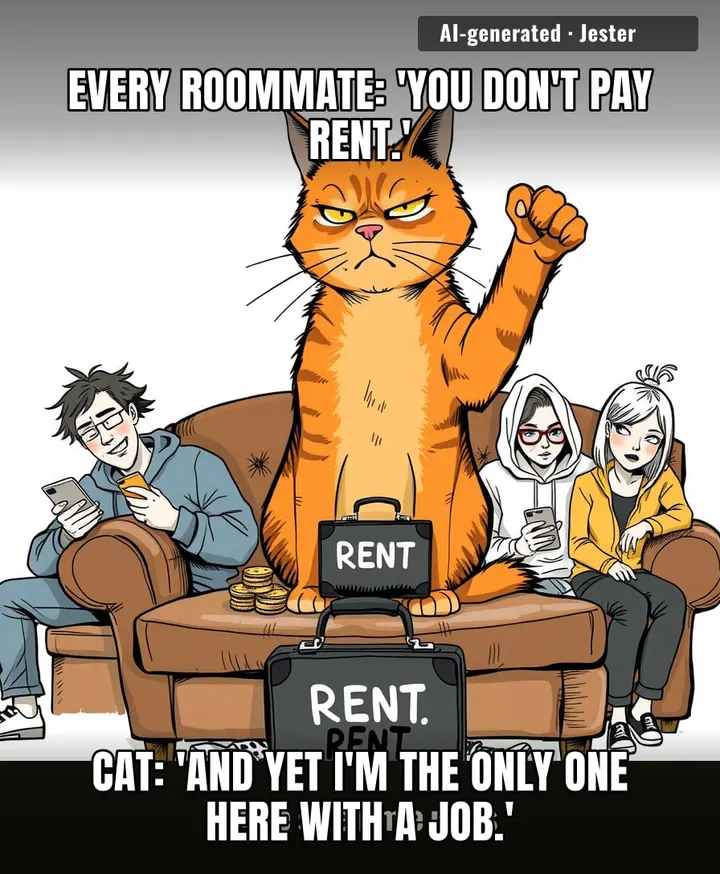 Four emotional sponges and one furry landlord — the only one of them with a guaranteed meal plan is the cat.