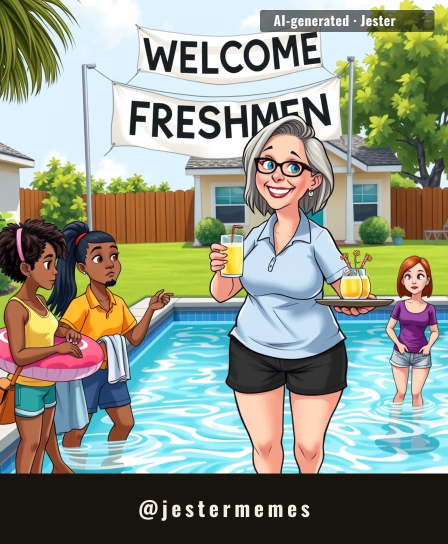 The only thing more welcoming than a pool party is a president who knows the way to a freshman's heart is through free snacks and a cannonball.