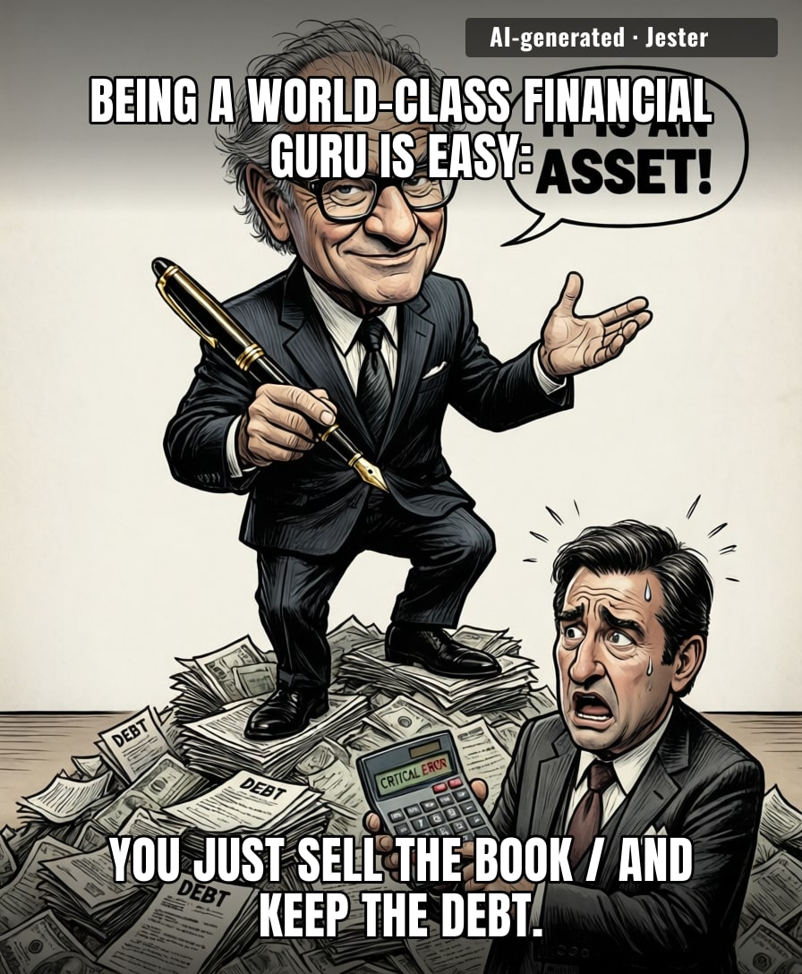 Robert Kiyosaki is the only person on earth who can turn a billion-dollar hole in his pocket into a lecture on wealth management.
