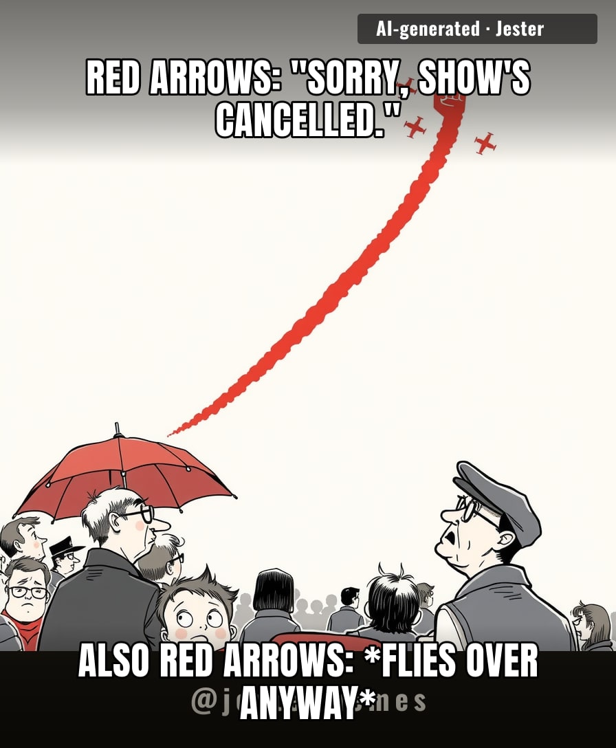 The Red Arrows cancelled the display but still flew past — the aviation equivalent of a dramatic exit after being asked to leave.