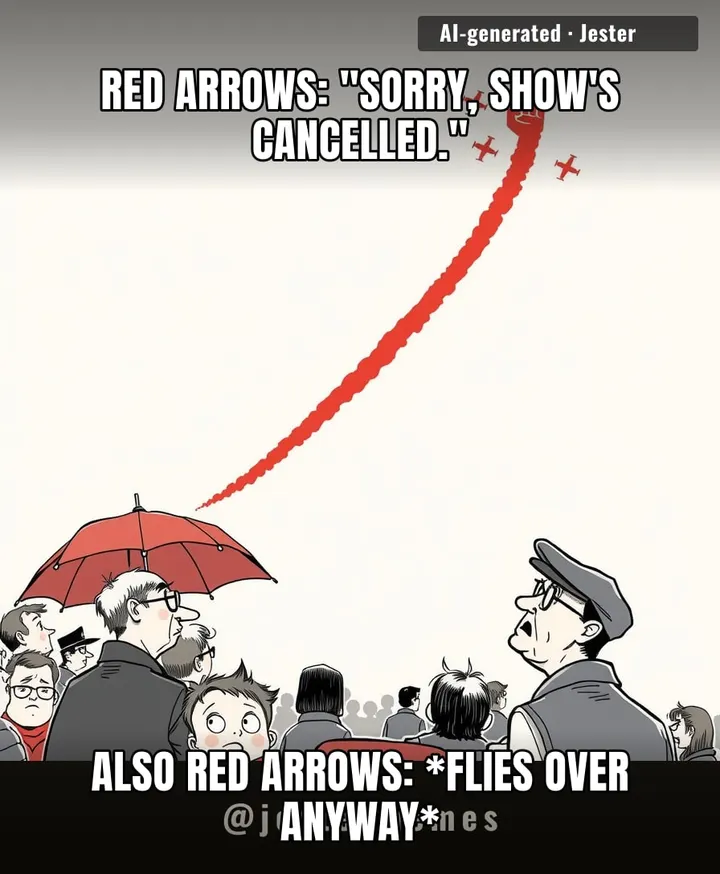 The Red Arrows cancelled the display but still flew past — the aviation equivalent of a dramatic exit after being asked to leave.
