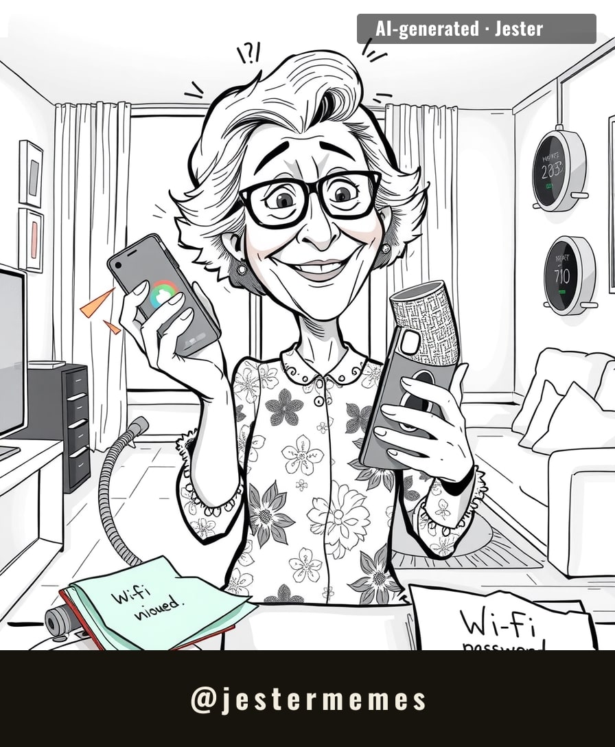 At 77, she finally has a house full of gadgets that will outsmart her — the WiFi password is probably on a sticky note somewhere.