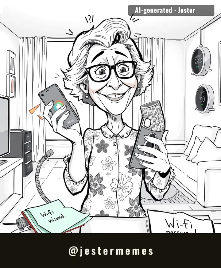At 77, she finally has a house full of gadgets that will outsmart her — the WiFi password is probably on a sticky note somewhere.