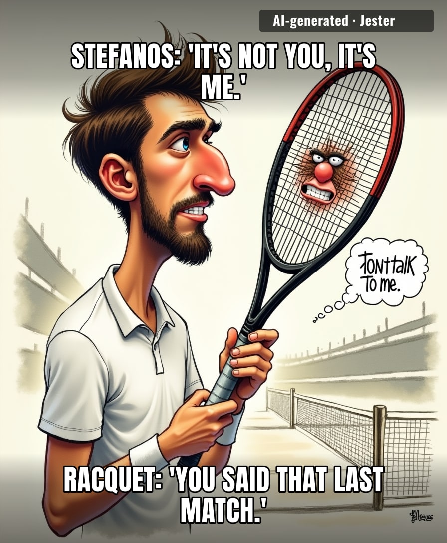 Stefanos broke up with his forehand, but the racquet is demanding joint custody of the trophy.