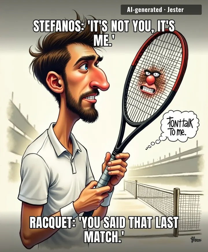 Stefanos broke up with his forehand, but the racquet is demanding joint custody of the trophy.
