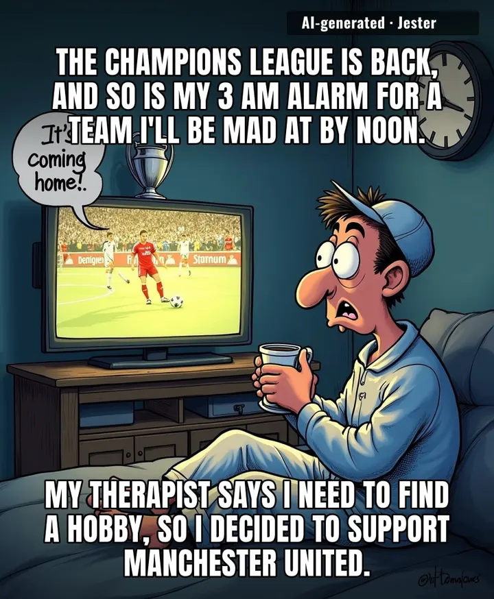 Nothing says 'I have my life together' like setting an alarm for 3 AM to watch billionaires kick a ball in a different time zone.