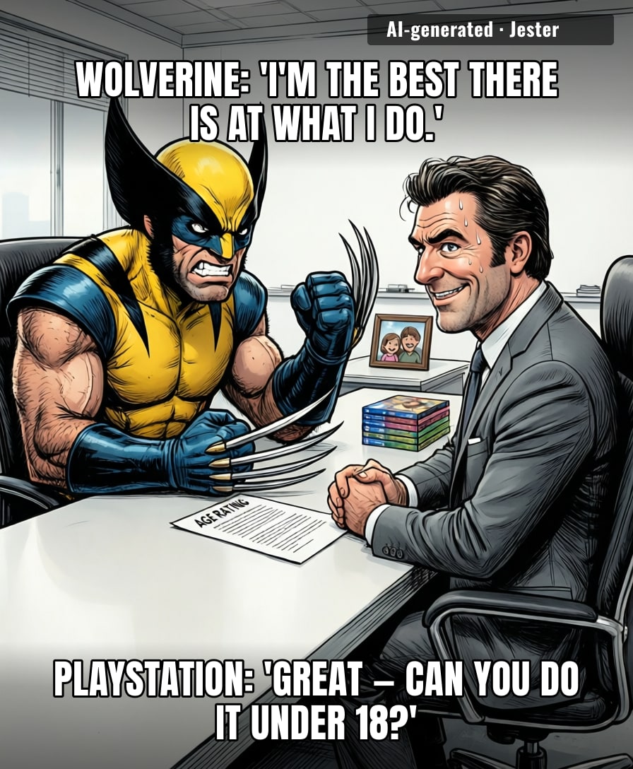 Sony's making an 18-rated Wolverine game, which is wild for a company that won't let him chip a nail on the family TV.
