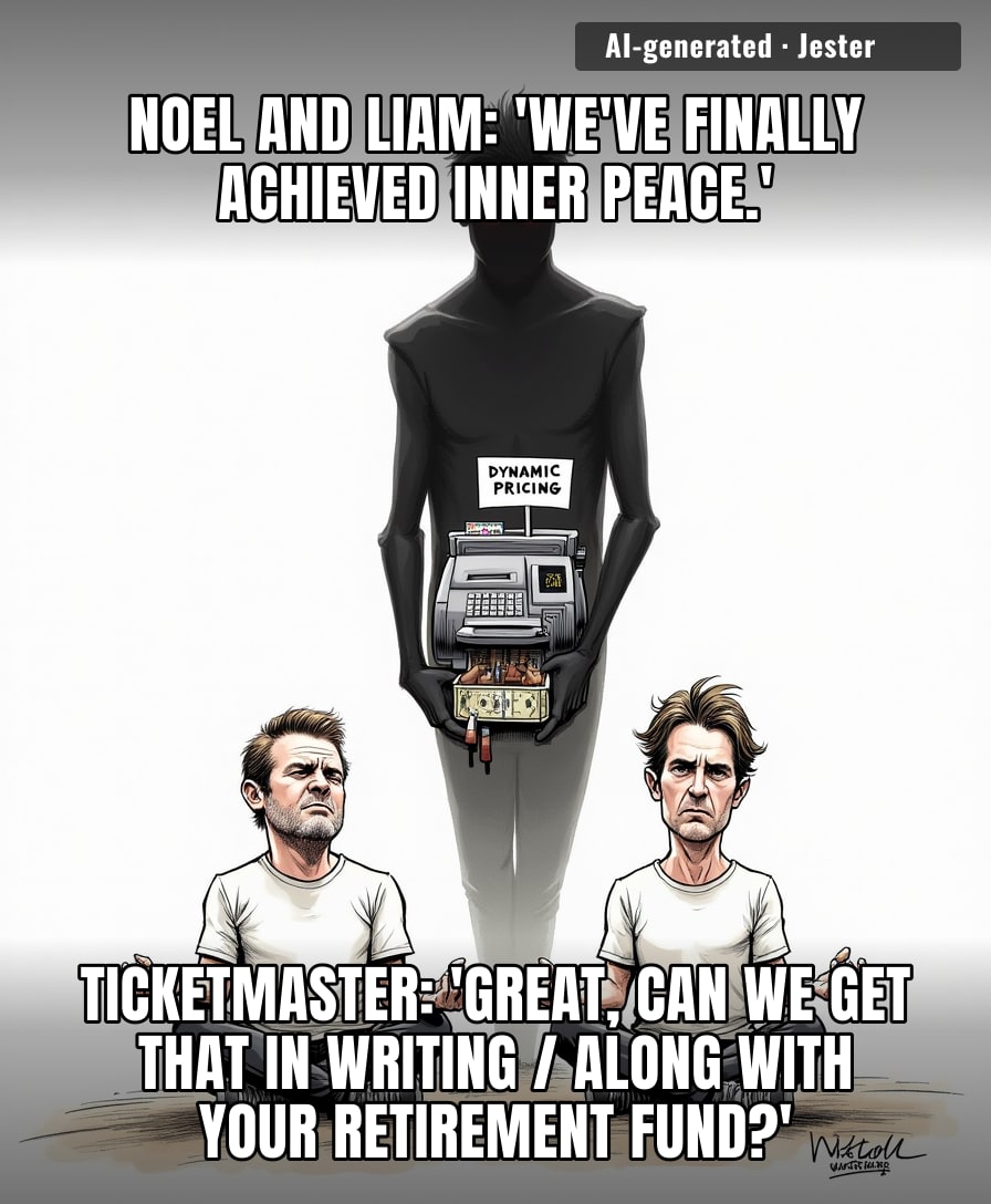 The Gallaghers think they've found spiritual enlightenment, but they’ve clearly never seen a Ticketmaster service fee in the wild.