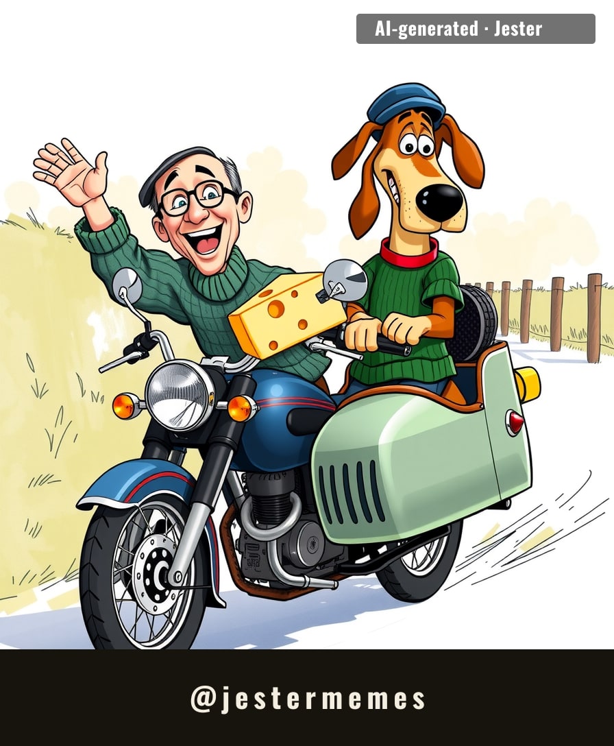 Two blokes, one motorbike, zero cheese-related injuries — that's a solid 10k.