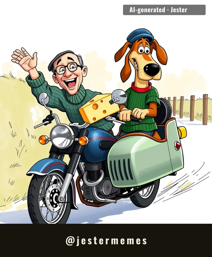 Two blokes, one motorbike, zero cheese-related injuries — that's a solid 10k.