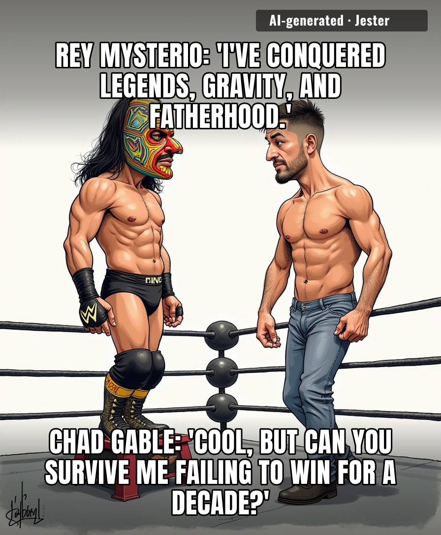 Somewhere in the back, Rey Mysterio is currently trying to figure out if he's a professional wrestler or just a very expensive human participation trophy.